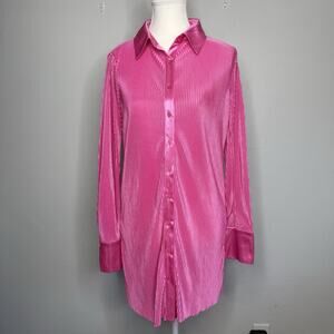 RO & DE Hot Pink Pleated Satin Button Front Long Sleeve Mini Shirt Dress Sz S